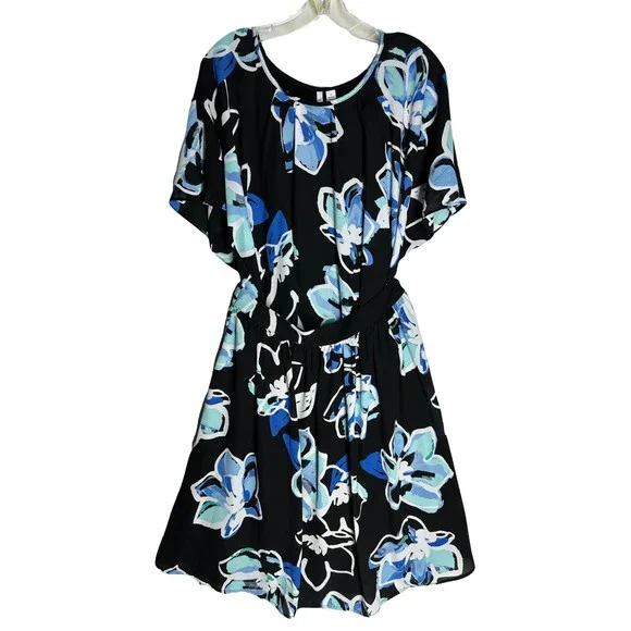 Elle Womens 2 PC Blouse Skirt Set Size L Black Blue Floral Print - Picture 1 of 10